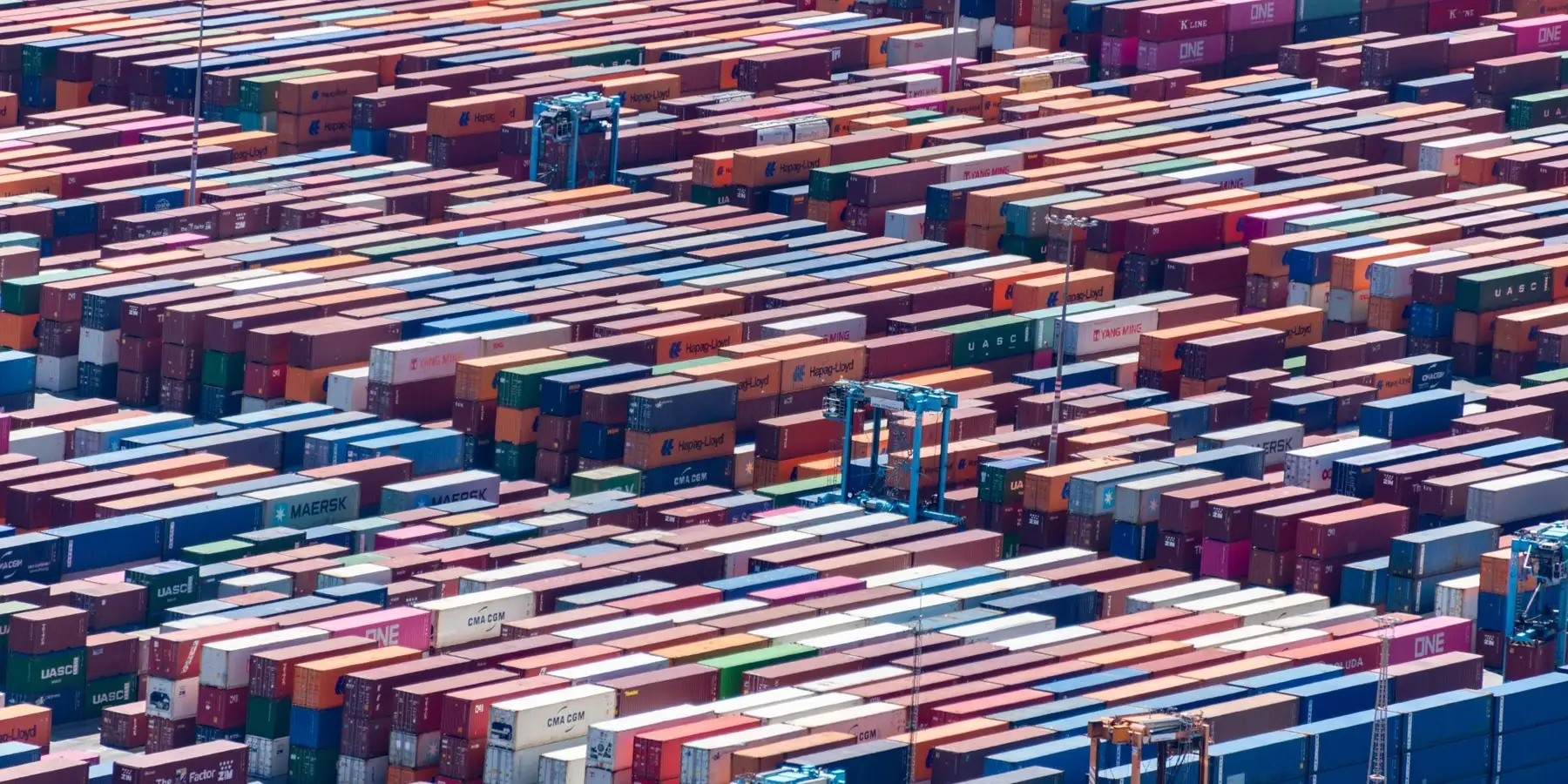 Aerial view of stacked containers at a port